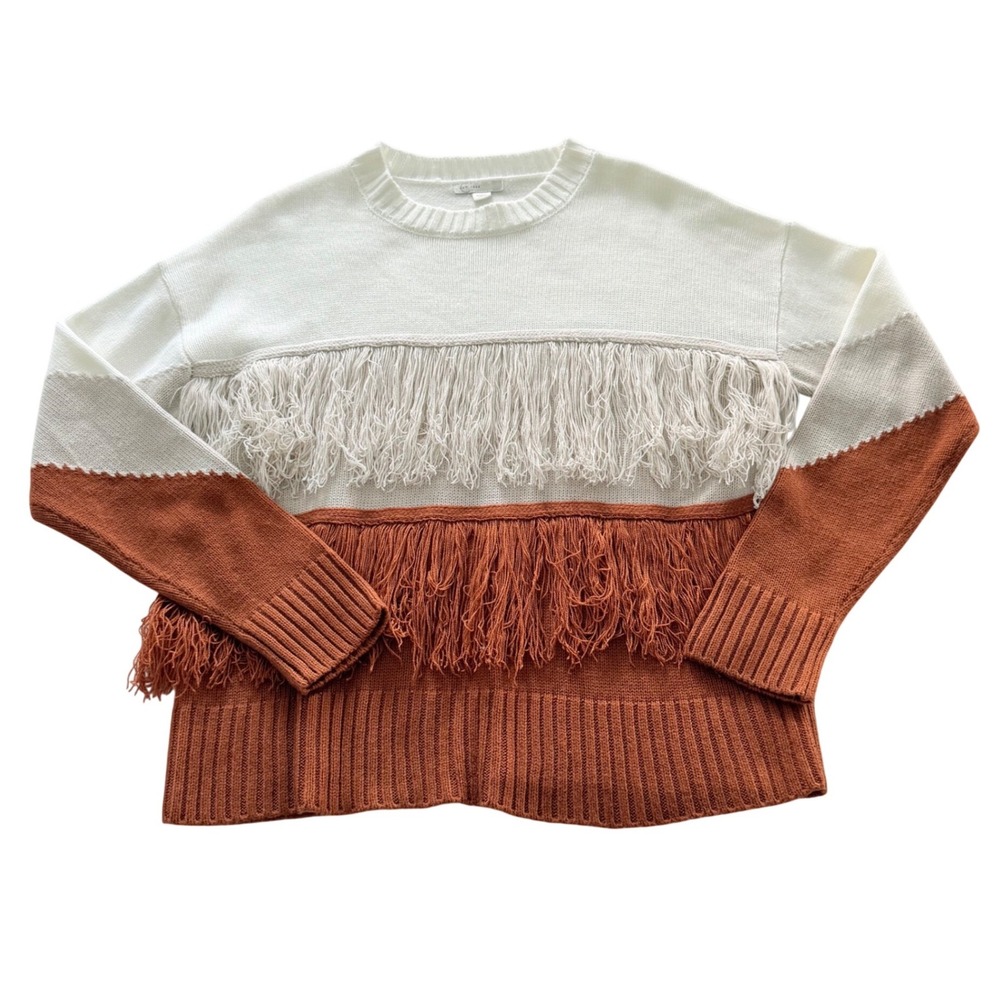 EST. 1946 Sweater Women Large White Orange Fringe Colorblock Boho Long Sleeve
